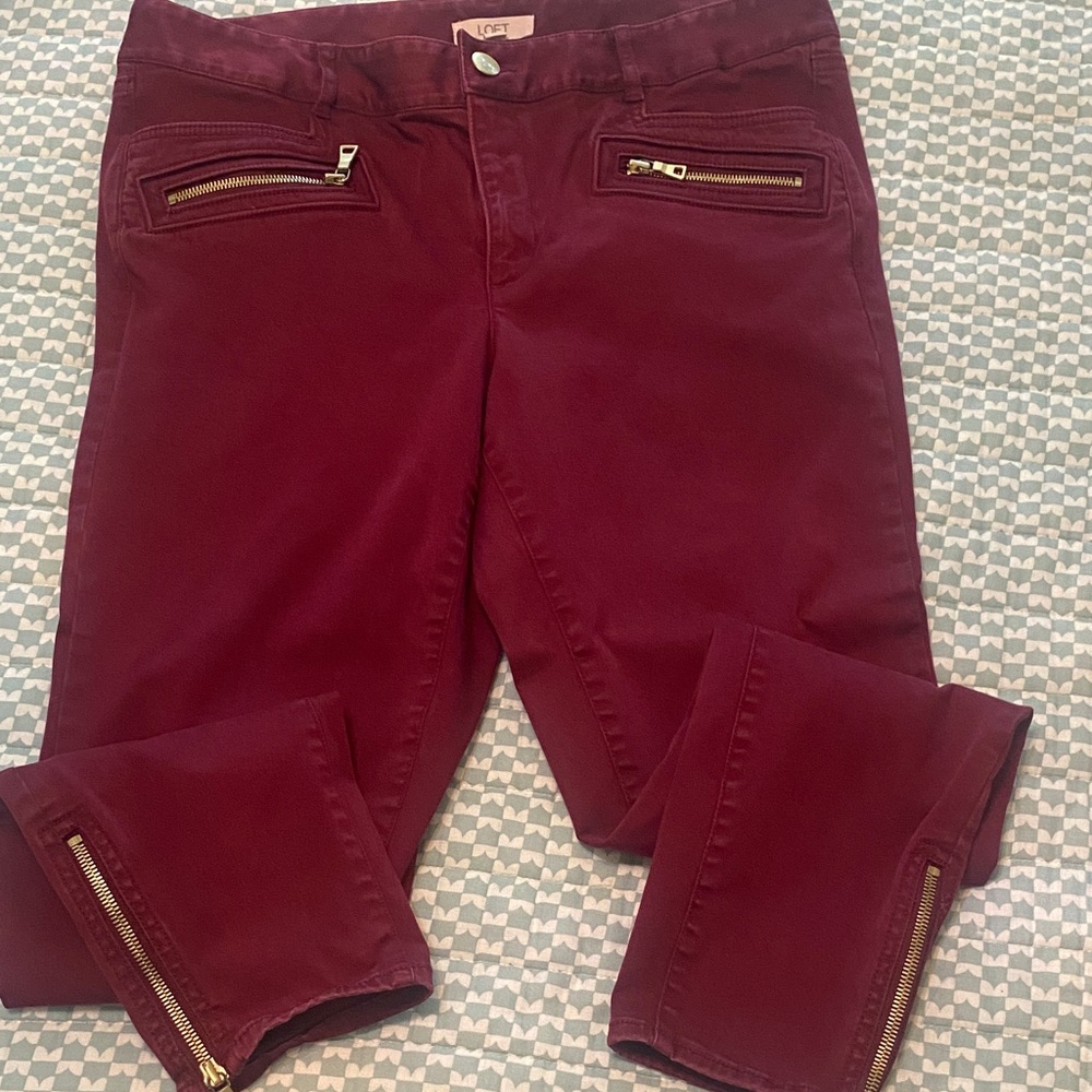 LOFT Dark Red Ankle Jeans with Zipper Details